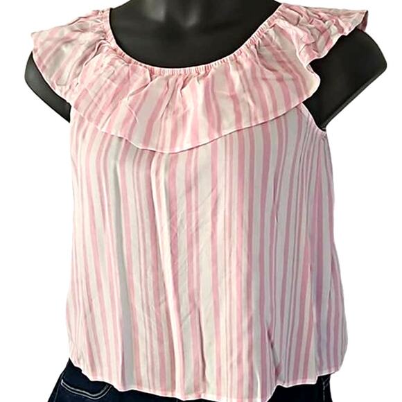 NWOT SO Girls Pink & White Striped Sleeveless Ruffle Neckline Top Size 14/16 - Picture 5 of 5